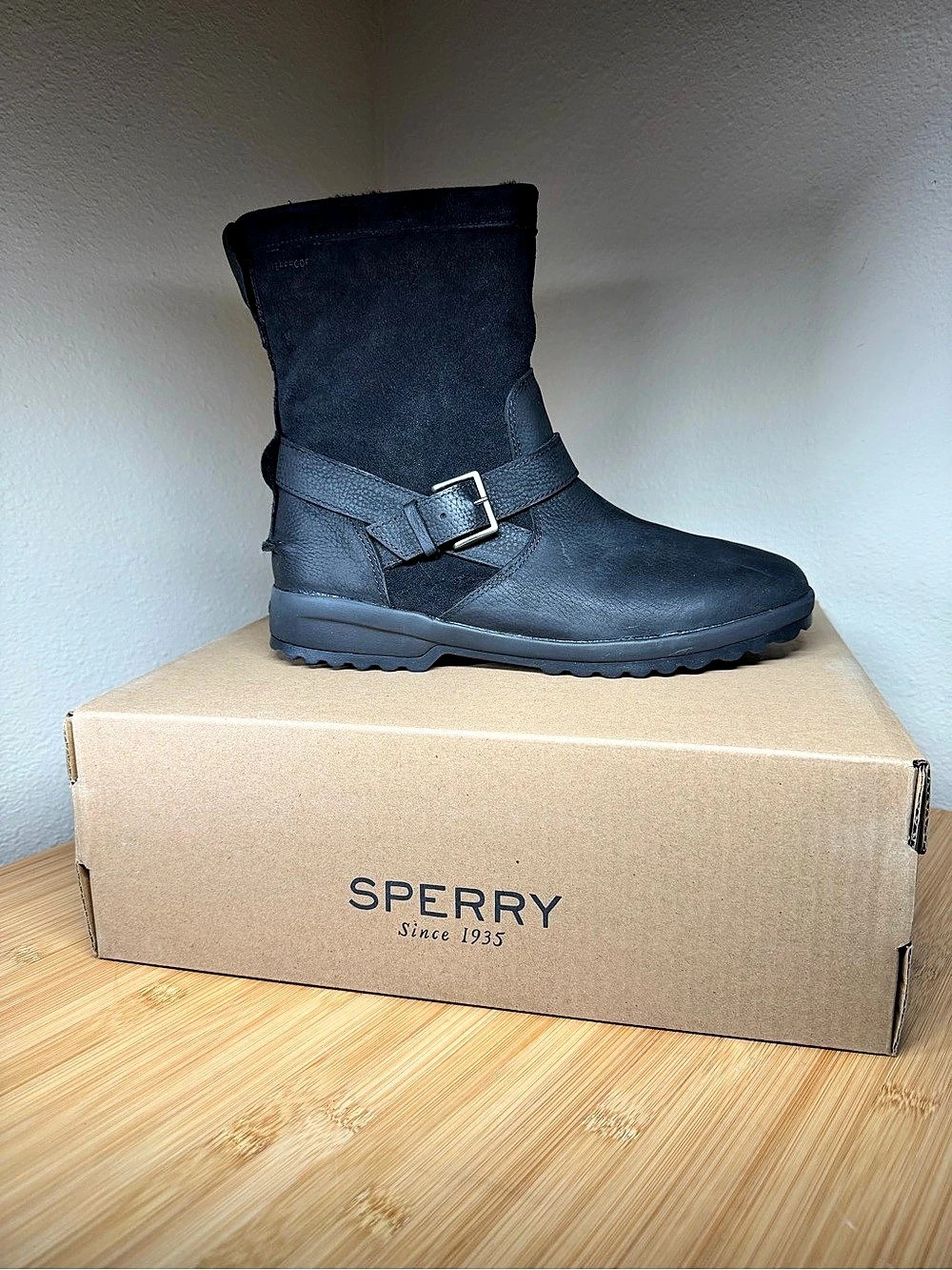 Sperry Maritime Step In Pull On Boot Black Winter Faux Fur Lined Boots Sz 9 NIB